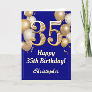 35th Birthday Navy Blue and Gold Balloons Confetti Card
