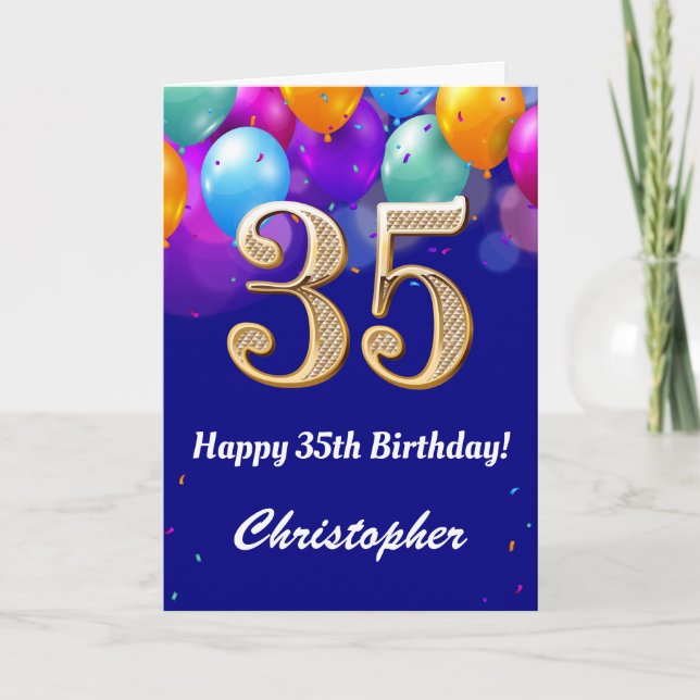 35th Birthday Navy Blue and Gold Colourful Balloon Card (Front)