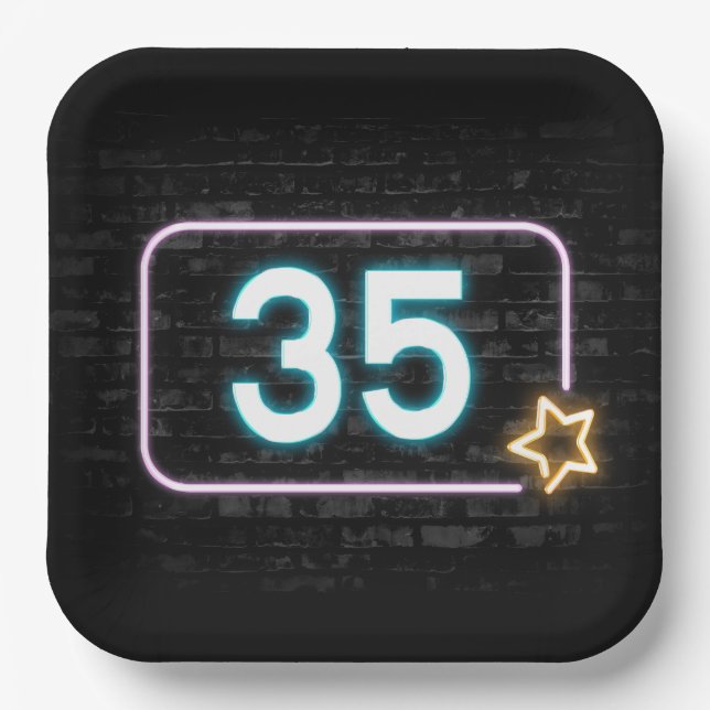 35th Birthday Neon Sign On Brick Paper Plate (Front)