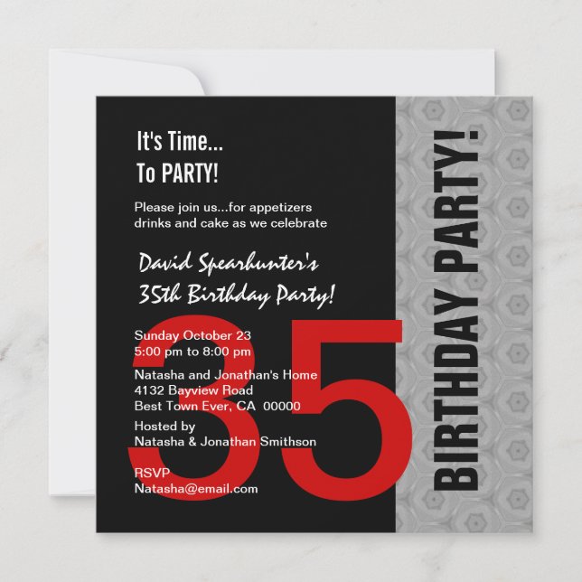 35th Birthday Or Any Year Red Silver Black C846D Invitation (Front)