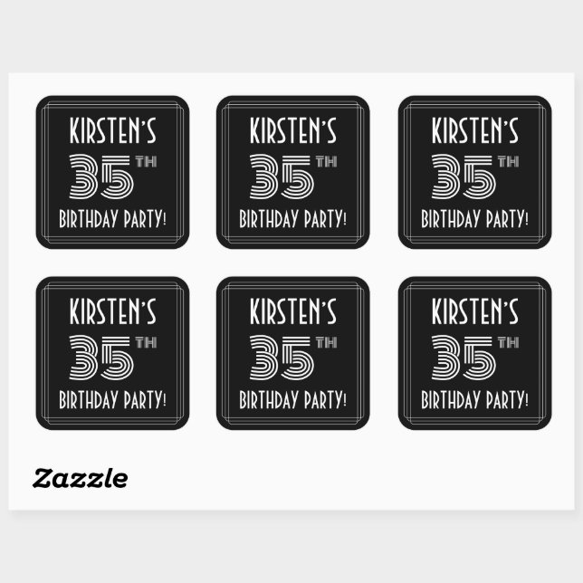 35th Birthday Party: Art Deco Style & Custom Name Square Sticker (Sheet)