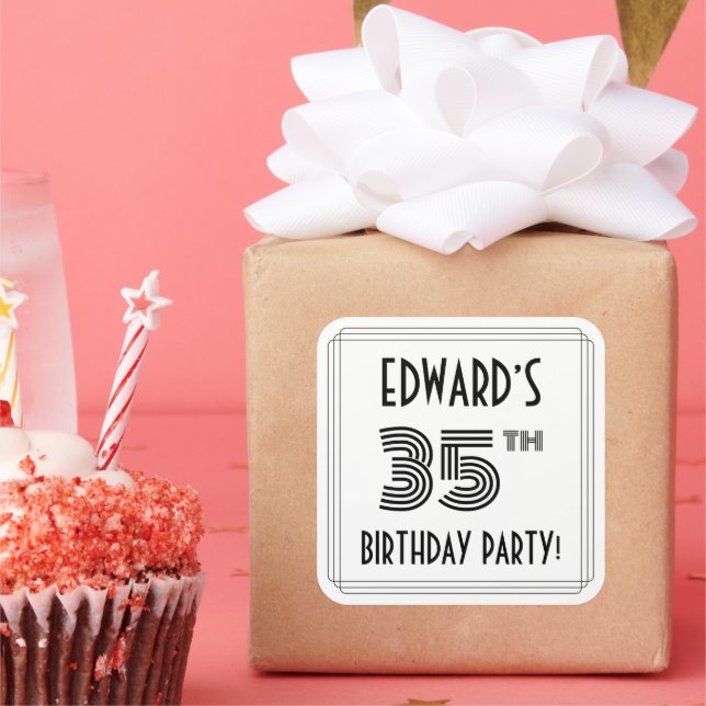 35th Birthday Party: Art Deco Style + Custom Name Square Sticker (Party)