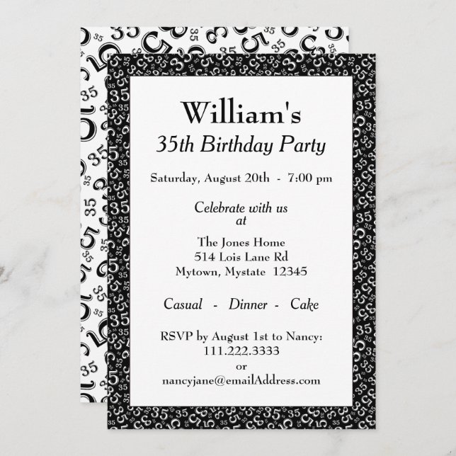 35th Birthday Party Black and White Pattern Invitation (Front/Back)