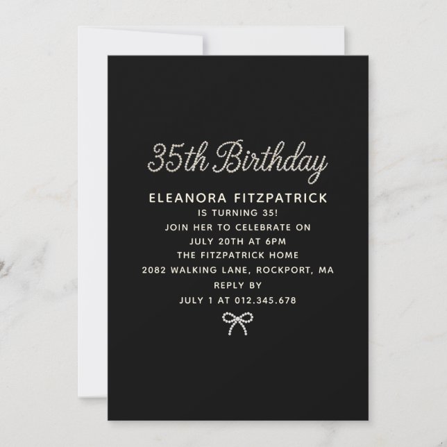 35th Birthday Party Black White Pearl Script Bow Invitation (Front)