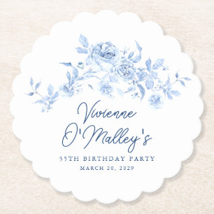 35th Birthday Party Blue Rose Floral Custom Paper Coaster