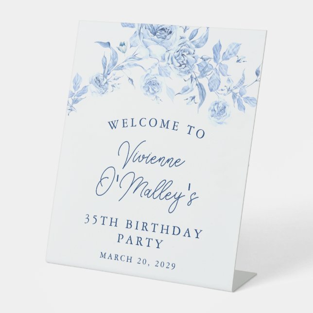 35th Birthday Party Blue Rose Floral Welcome Pedestal Sign (Front)