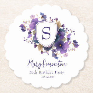 35th Birthday Party Classic Monogram Crest Paper Coaster