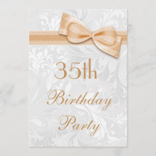 35th Birthday Party Damask and Faux Bow Invitation