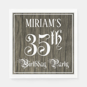 35th Birthday Party — Fancy Script, Faux Wood Lo Napkin