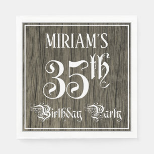 35th Birthday Party — Fancy Script, Faux Wood Look Napkin