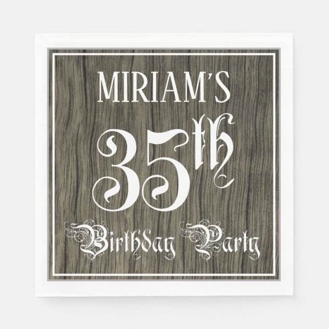 35th Birthday Party — Fancy Script, Faux Wood Look Napkin (Front)