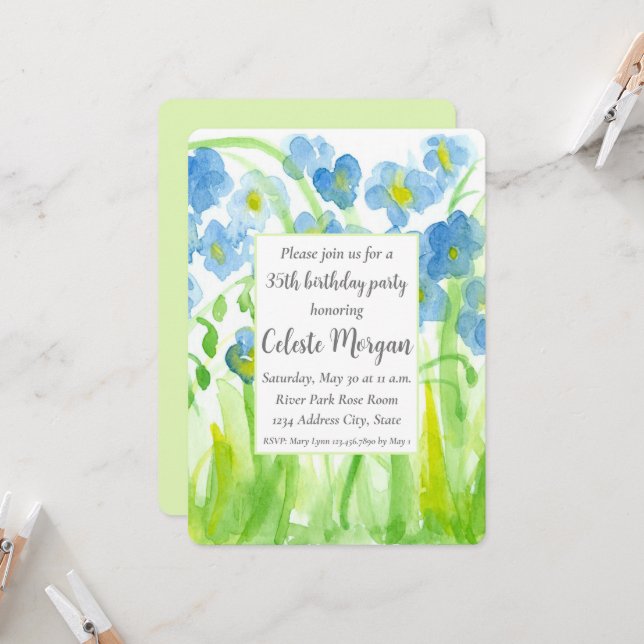 35th Birthday Party Invitation Blue Wildflowers (Front/Back In Situ)