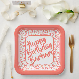 35th Birthday Party Number Pattern Coral/White Paper Plate