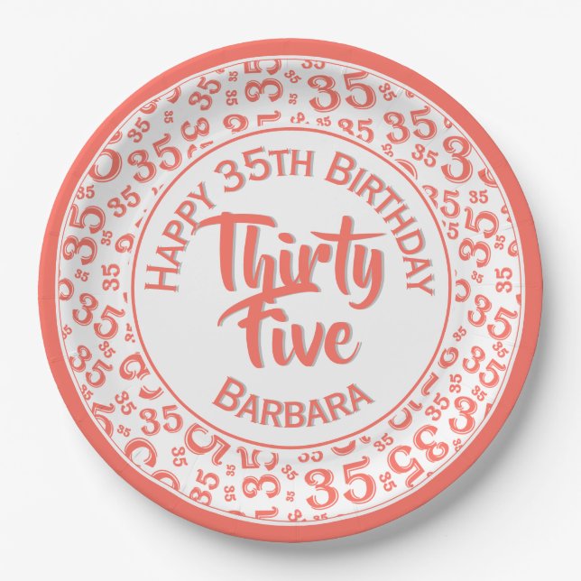 35th Birthday Party Number Pattern Coral/White Paper Plate (Front)