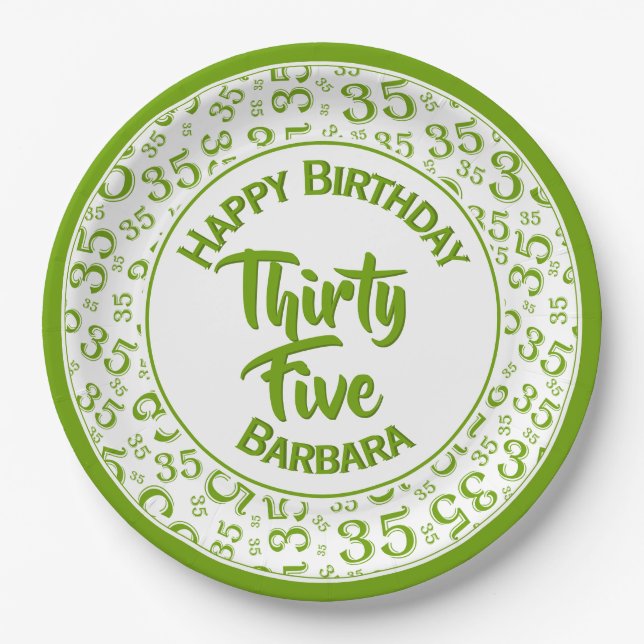 35th Birthday Party Number Pattern Green/White Paper Plate (Front)