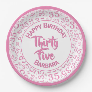 35th Birthday Party Number Pattern Pink/White Paper Plate