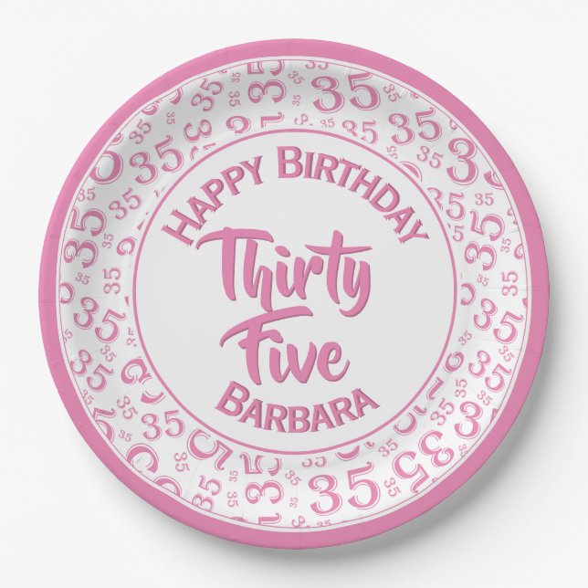35th Birthday Party Number Pattern Pink/White Paper Plate (Front)