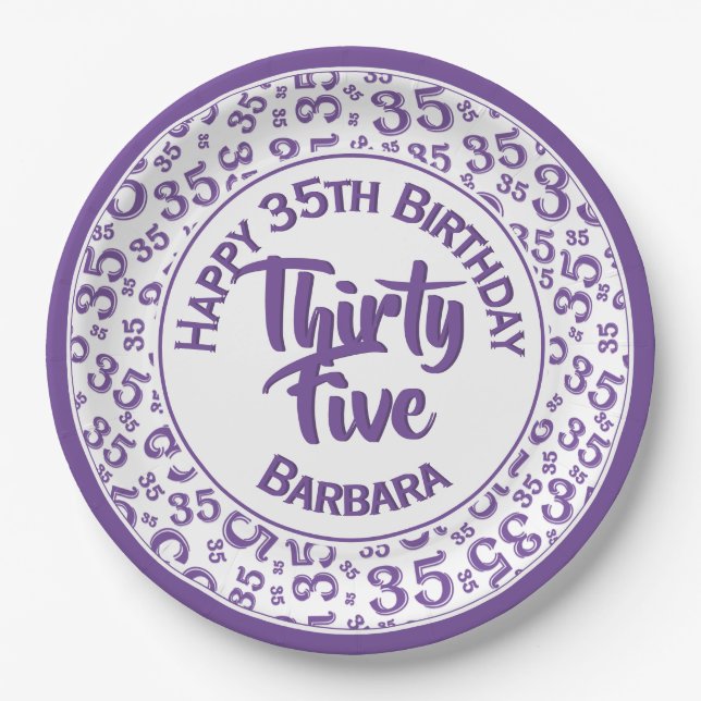 35th Birthday Party Number Pattern Purple/White Paper Plate (Front)