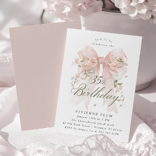 35th Birthday Party Pink Coquette Bow Rose Floral Invitation
