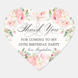 35th Birthday Party Pink Floral Thank You Favour Heart Sticker