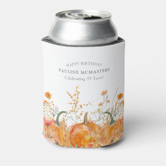 35th Birthday Party Pumpkin Wildflower Custom Can Cooler (Can Back)