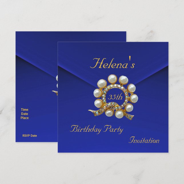 35th Birthday Party Rich Blue Faux Velvet Invitation (Front/Back)