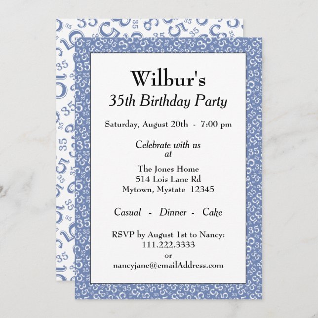 35th Birthday Party Theme Blue and White Pattern Invitation (Front/Back)