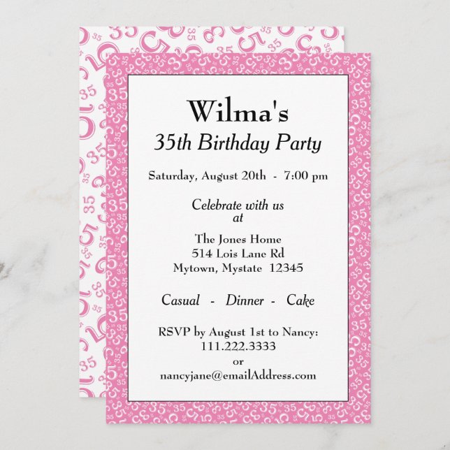 35th Birthday Party Theme Pink and White Pattern Invitation (Front/Back)