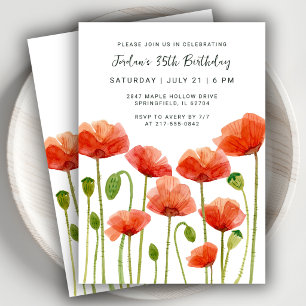35th Birthday Party Watercolor Floral Poppies Invitation