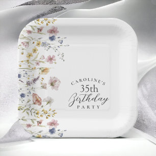 35th Birthday Party Wildflowers Watercolor Floral Paper Plate