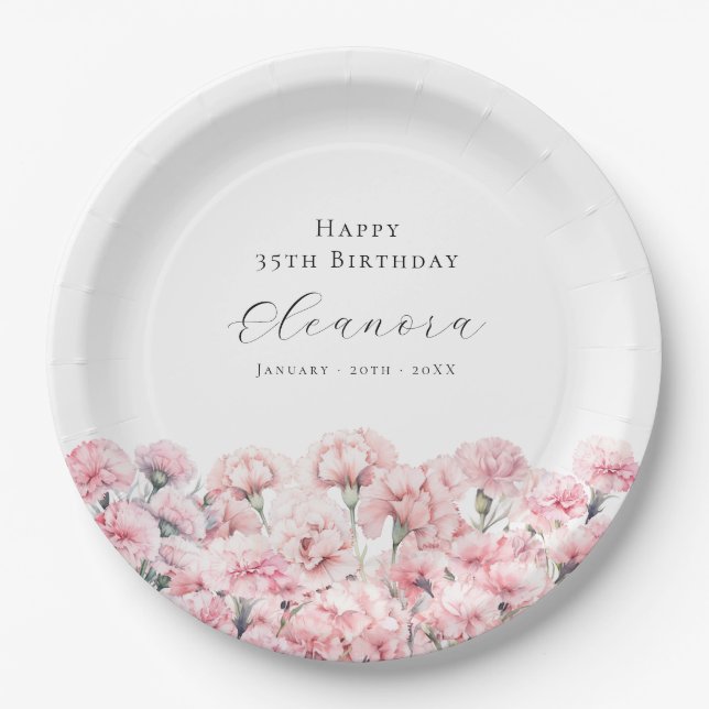 35th Birthday Pink Carnation January Birth Flower Paper Plate (Front)