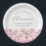 35th Birthday Pink Carnation January Birth Flower Paper Plate<br><div class="desc">Perfect table decor for a January birthday party. Carnation is the birth flower for that month. It forms a pretty watercolor floral bottom border on this pretty personalized paper plate. The birthday celebrant's name,  age and birthdate are placed above it using elegant calligraphy and typography. All text is editable.</div>