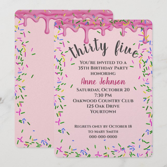 35th Birthday Pink Icing And Sprinkles Invitation (Front/Back)