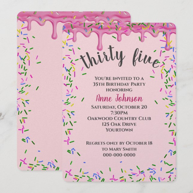 35th Birthday Pink Icing And Sprinkles Invitation (Front/Back)