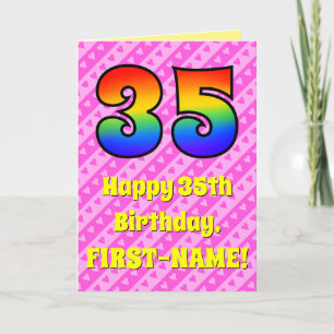 35th Birthday: Pink Stripes & Hearts, Rainbow # 35 Card