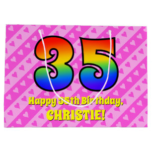 35th Birthday: Pink Stripes & Hearts, Rainbow # 35 Large Gift Bag