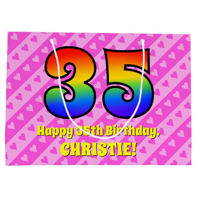 35th Birthday: Pink Stripes & Hearts, Rainbow # 35 Large Gift Bag (Back)