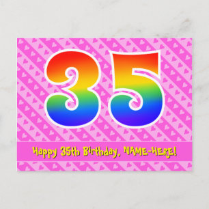 35th Birthday: Pink Stripes & Hearts, Rainbow 35 Postcard