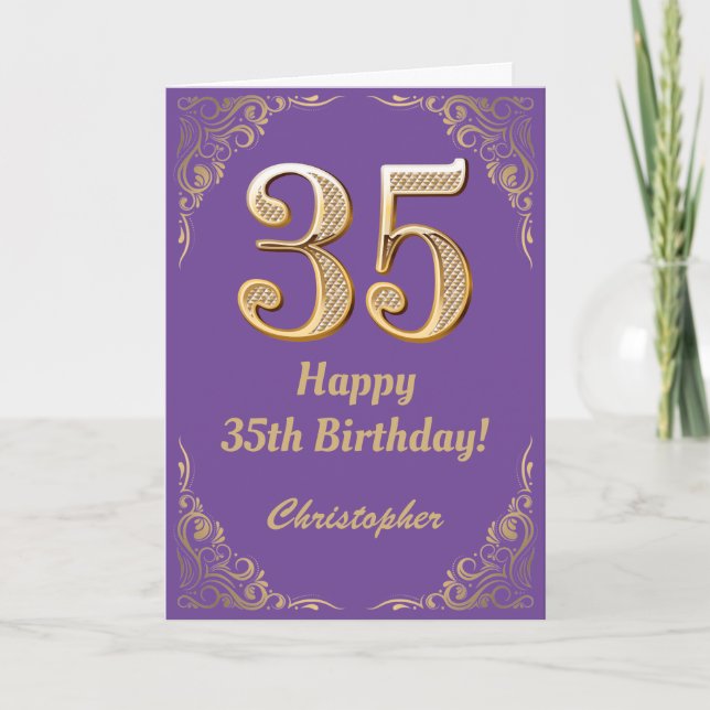 35th Birthday Purple and Gold Glitter Frame Card (Front)