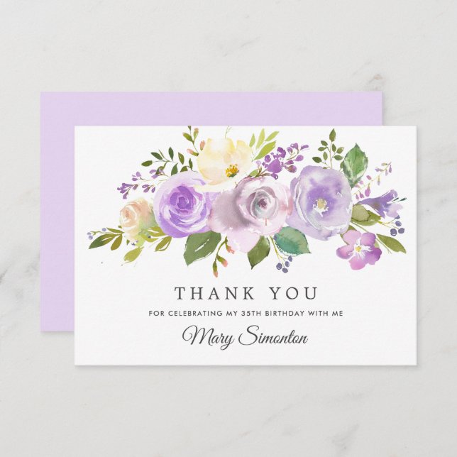35th Birthday Purple Rose Floral Flat Thank You Card (Front/Back)