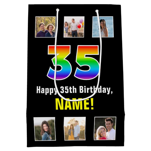 35th Birthday: Rainbow “35“, Custom Photos & Name Medium Gift Bag (Back)