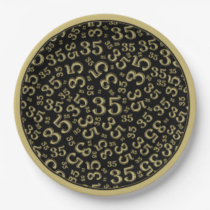 35th Birthday Random Number Pattern Black/Gold Paper Plate