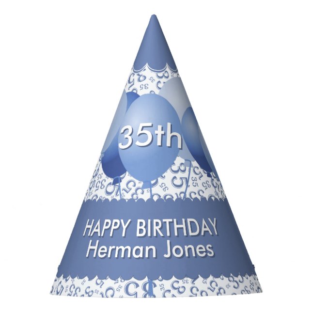 35th Birthday Random Number Pattern Blue/White Party Hat (Front)