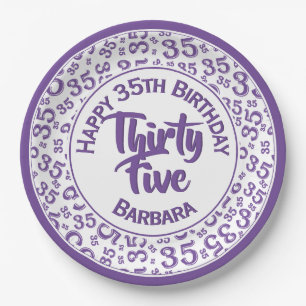 35th Birthday Random Number Pattern Purple/White Paper Plate
