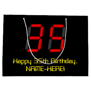 35th Birthday: Red Digital Clock Style "35" + Name Large Gift Bag