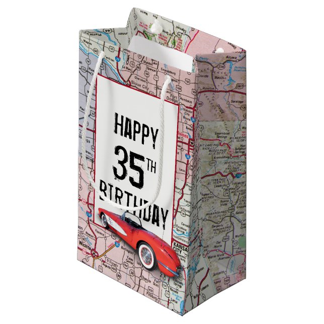 35th Birthday Retro Corvette On Map Small Gift Bag (Front Angled)