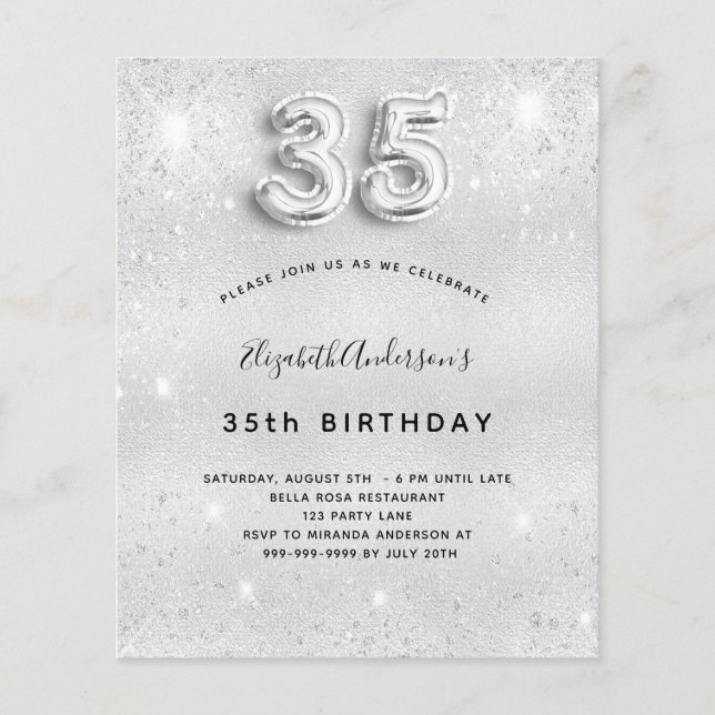 35th birthday silver glitter budget invitation flyer (Front)