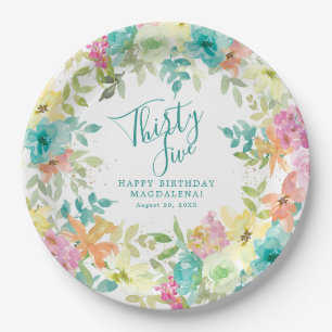 35th Birthday Summer Watercolor Floral Paper Plate
