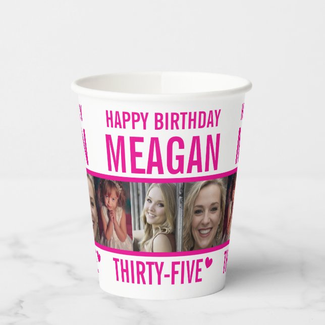 35th birthday three photos hot pink and white paper cups (Left)