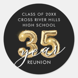 35th Class Reunion Black Gold Balloons Confetti Classic Round Sticker